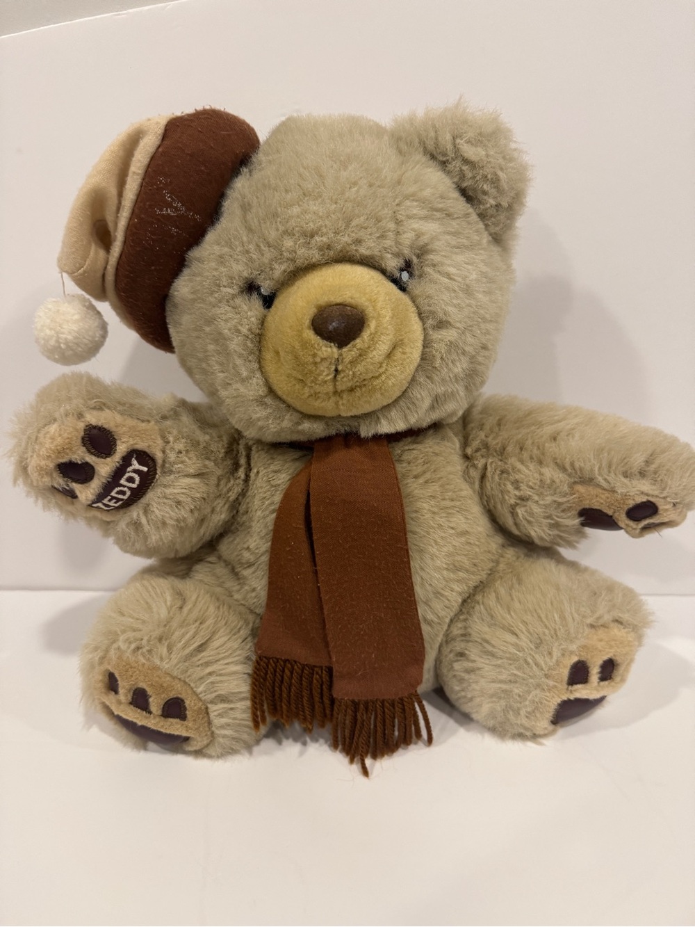 Plush Zeddy Zellers Teddy Bear in Beige with Brown Scarf and Hat